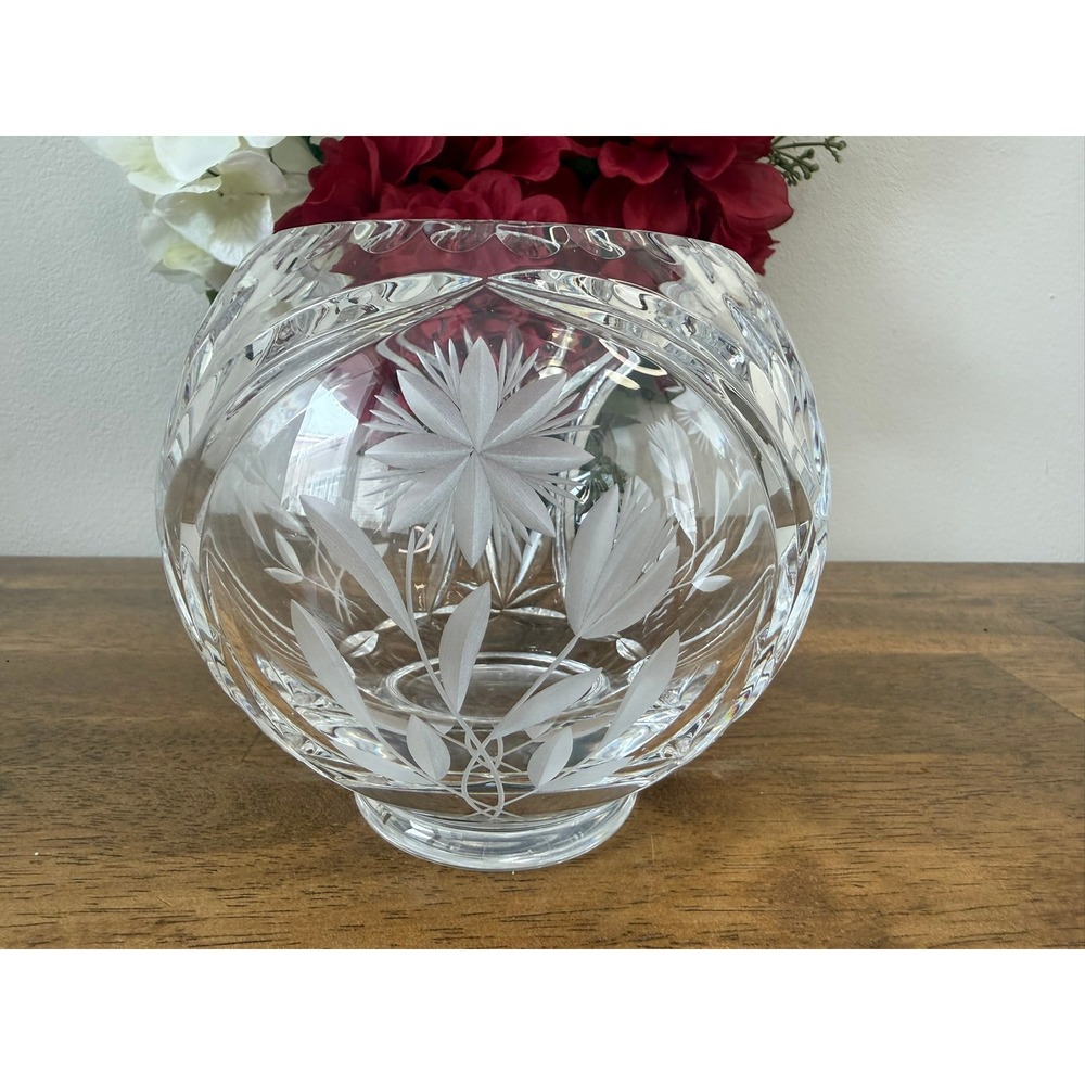 Vintage Cut Crystal Floral Rose Bowl Etched Glass Vase Heavy Crystal Centerpiece